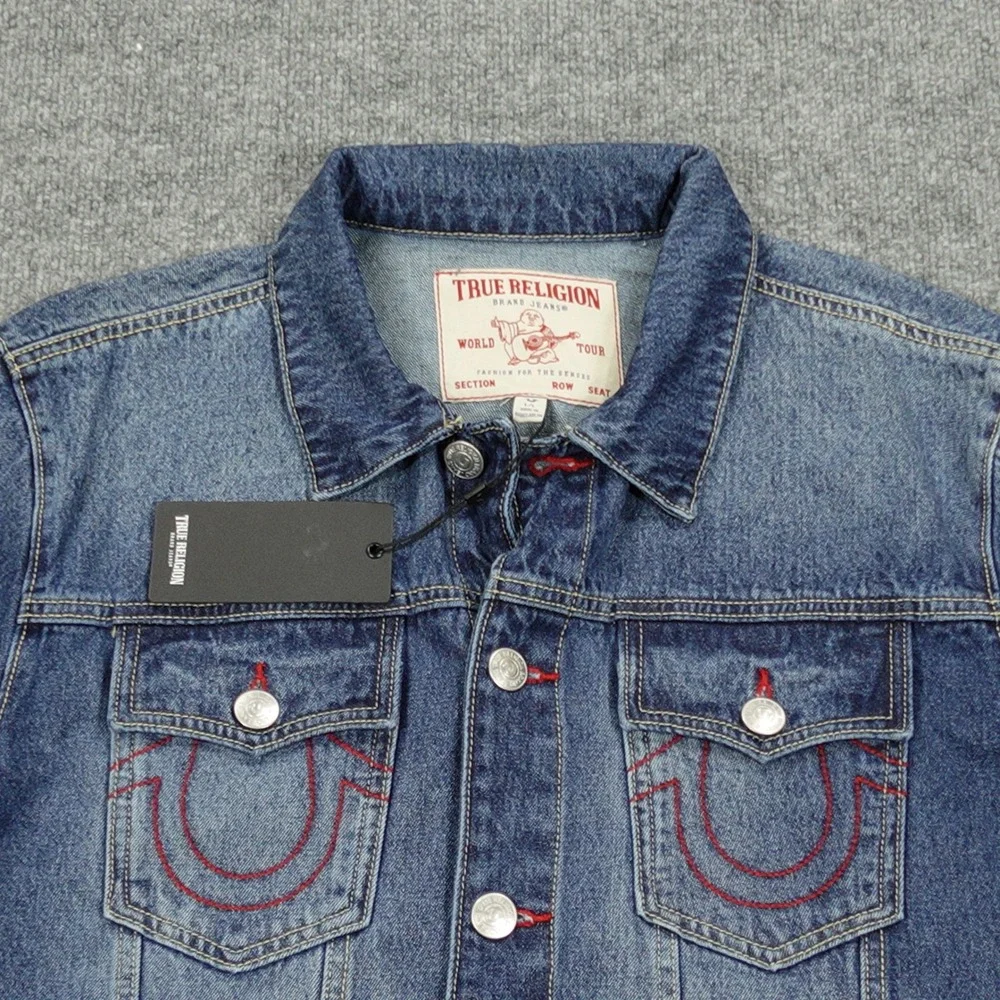 True Religion Jacket Mens Large Blue Jesse Trucker Denim Red Stitching New